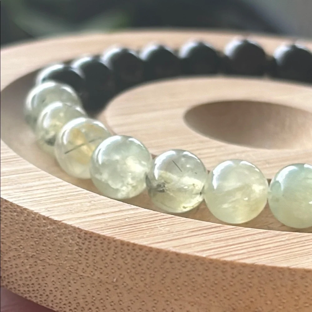 Handmade Prehnite + Black Obsidian Beaded Bracelet ✨