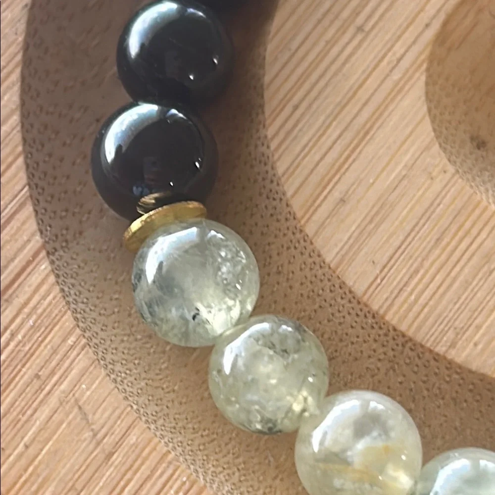 Handmade Prehnite + Black Obsidian Beaded Bracelet ✨