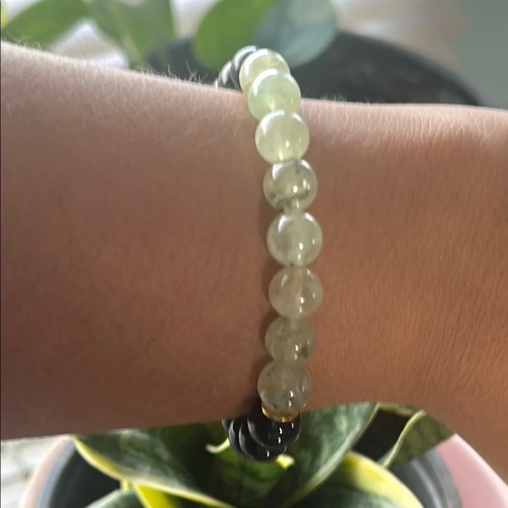 Handmade Prehnite + Black Obsidian Beaded Bracelet ✨
