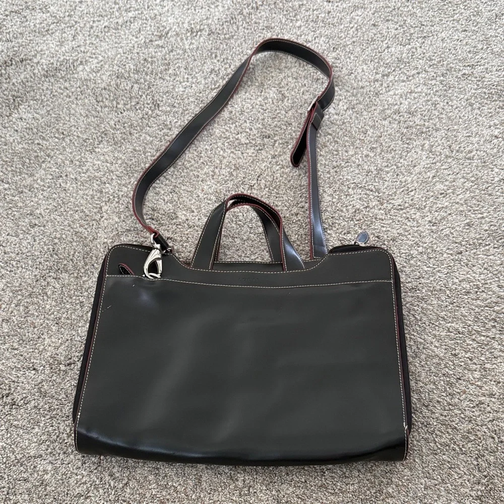 Lodis Black Leather and Red Stitching Laptop Bag with Shoulder Strap