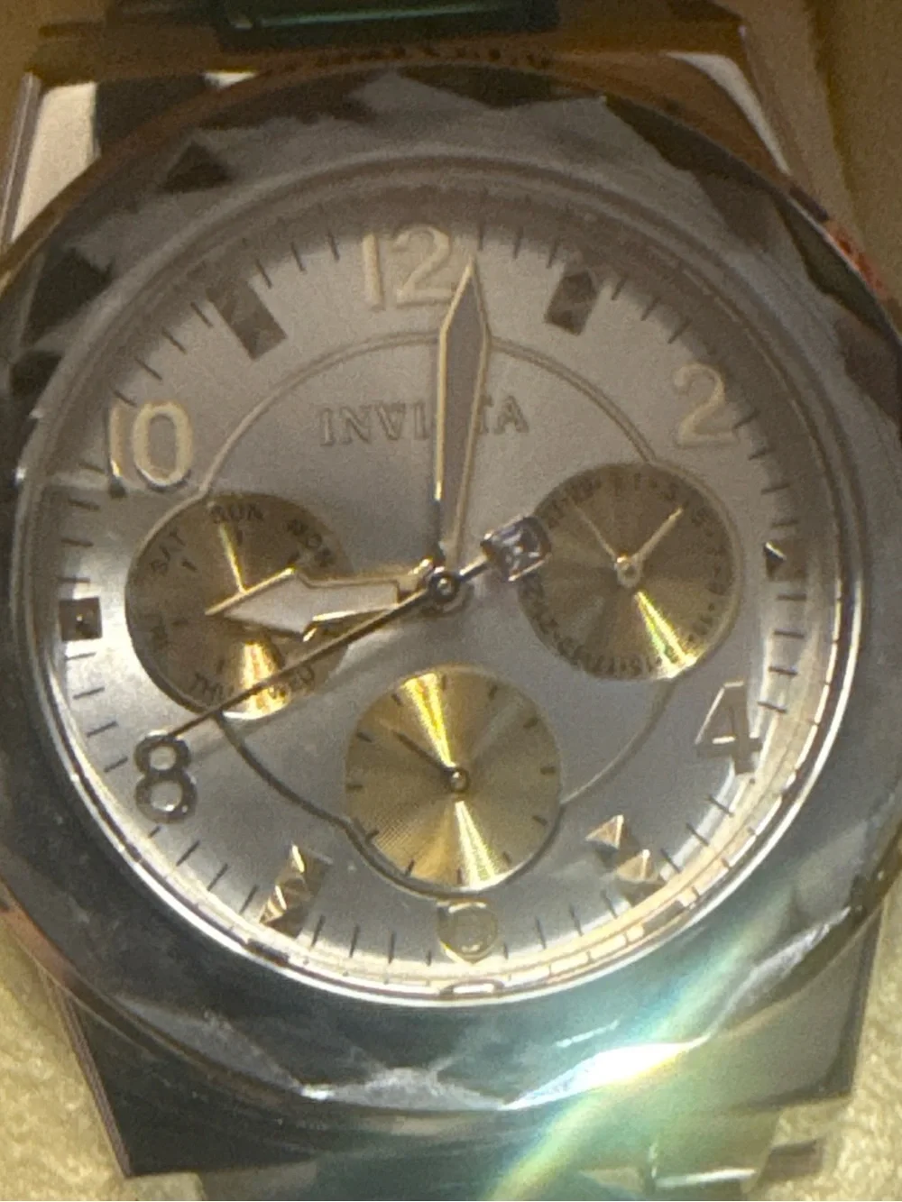 Invicta Silver and Gold Dial Stainless Steel Watch with Blue-Green Links