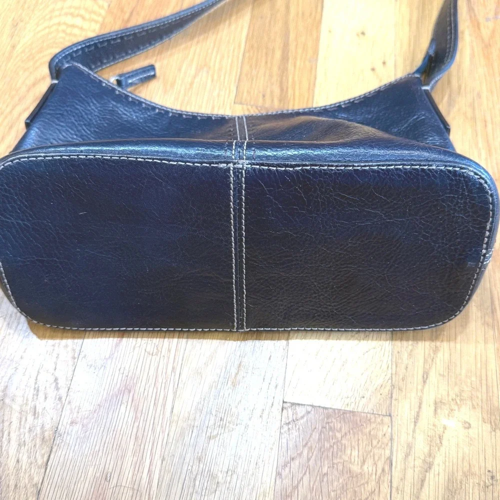 Fossil Black Genuine Leather Shoulder Bag Contrast Stitching Vintage 90s Style
