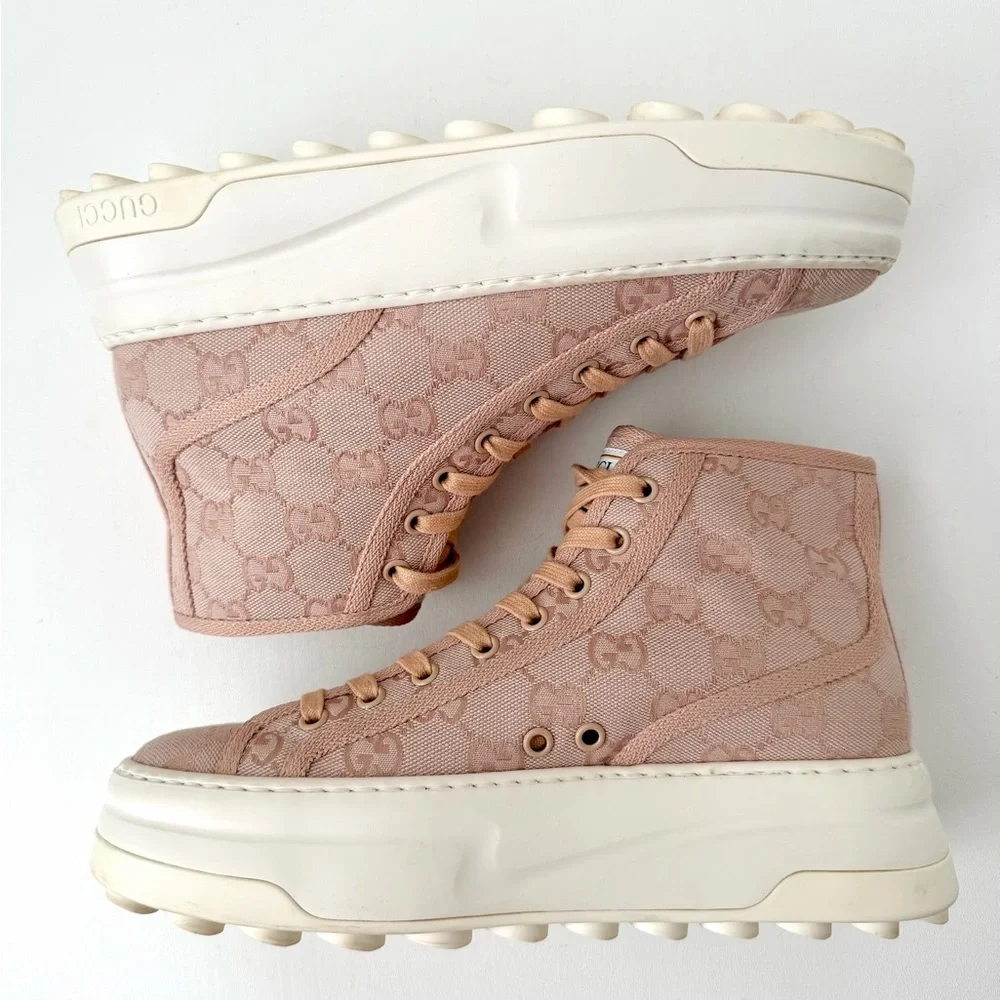 GUCCI | Pink‎ GG Canvas High Top Platform Sneakers Tennis 1977 EU 38