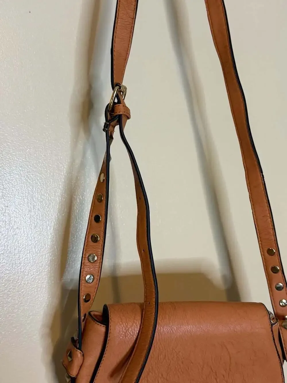 Tan Saddle Crossbody Bag Studded Strap Faux Leather Boho Handbag