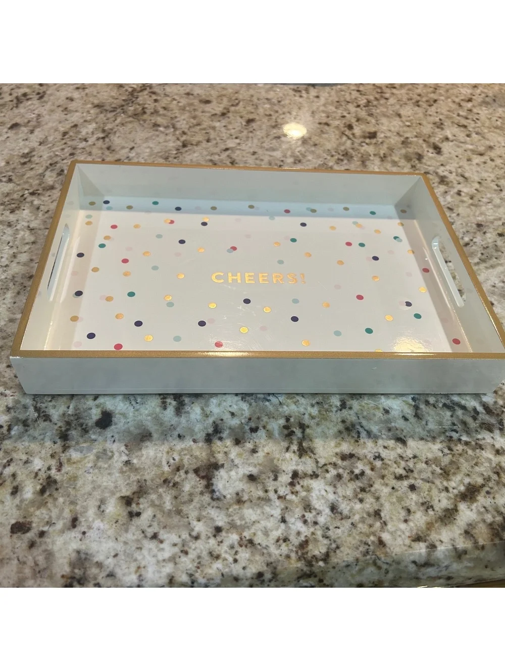 Pastel Decorative Serving Tray with Gold Polka Dots and CHEERS! Text