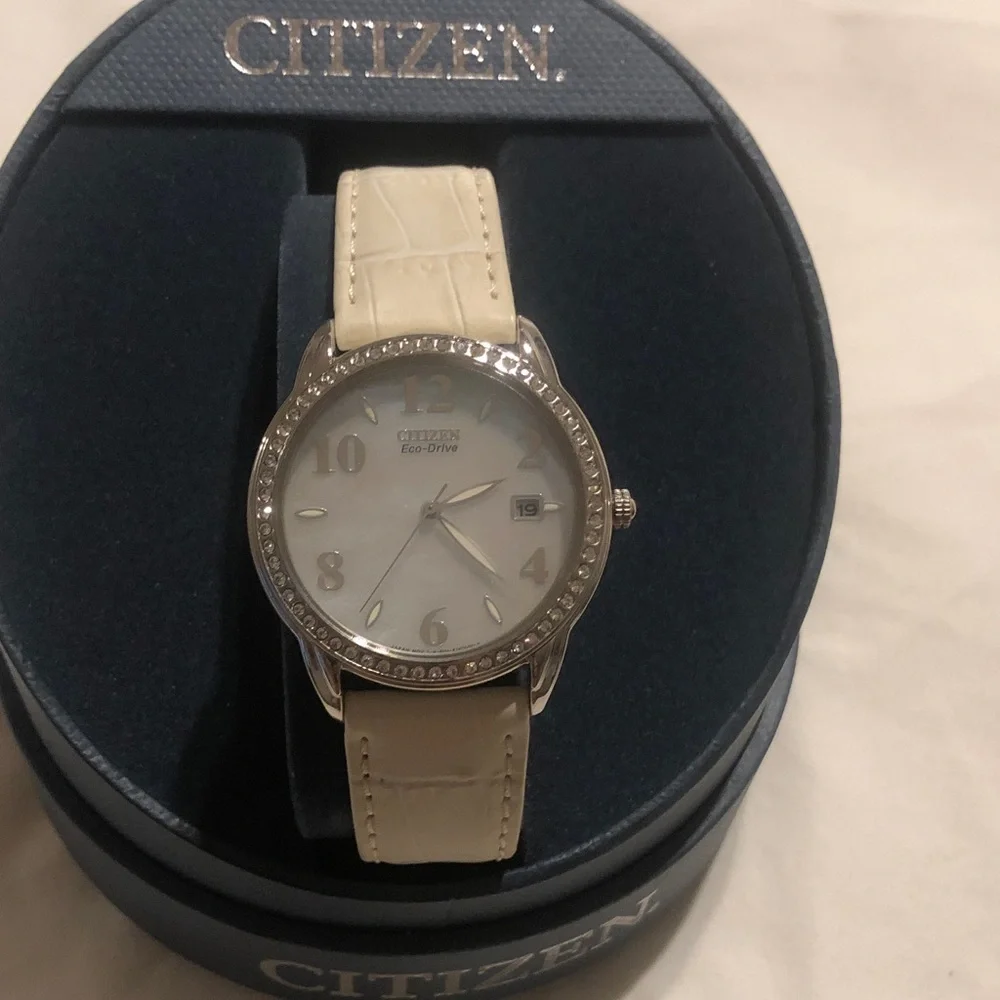 Citizen Women's Watch with Cream Strap and Silver Crystal Bezel