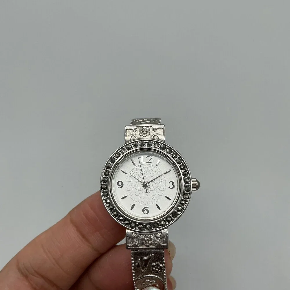 Valletta Womens Watch 24mm Silver Tone Floral Scroll Stretch Band New Battery