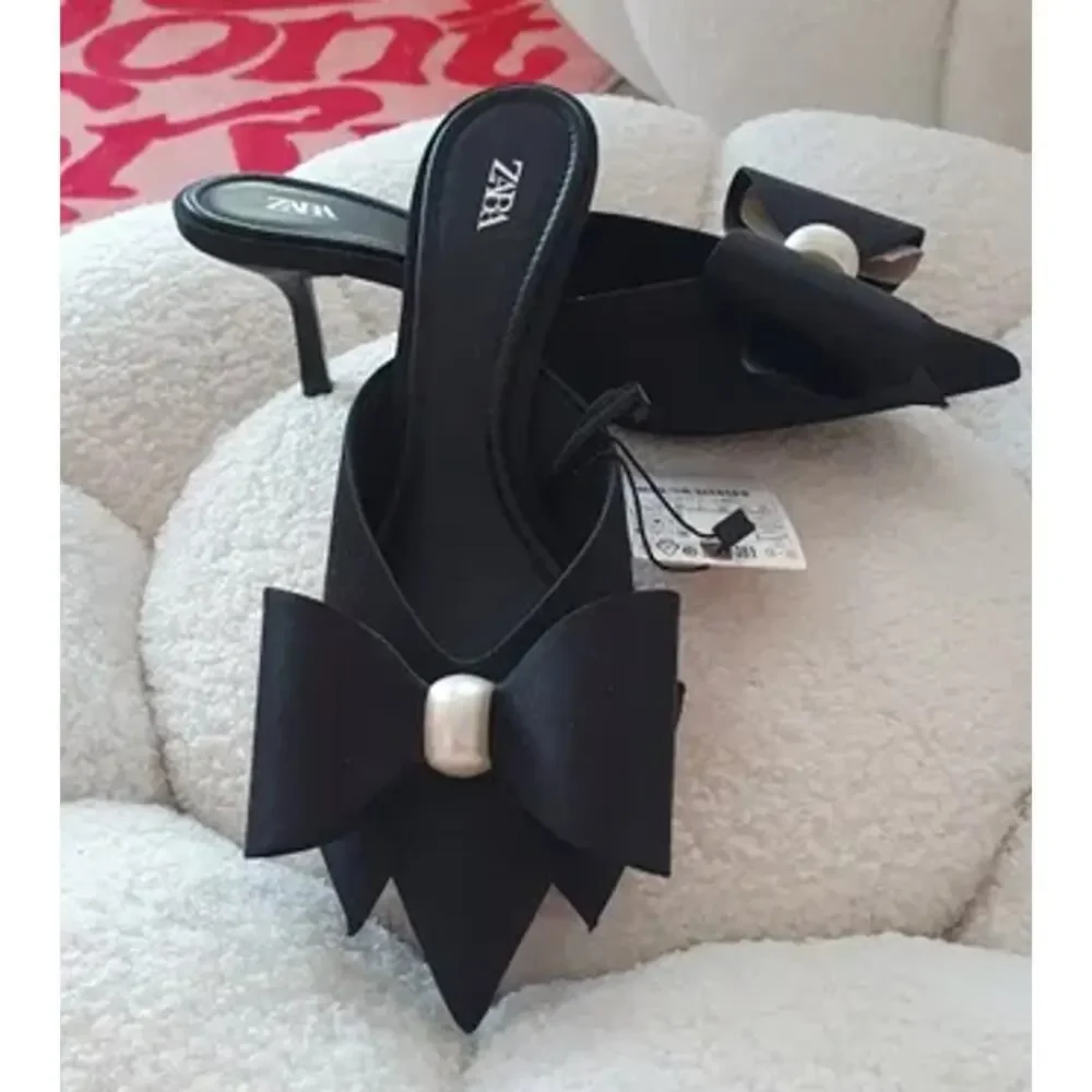 ZARA Black Satin Bow Pearl Slingback Heels NWT Pointed Toe Size 6.5