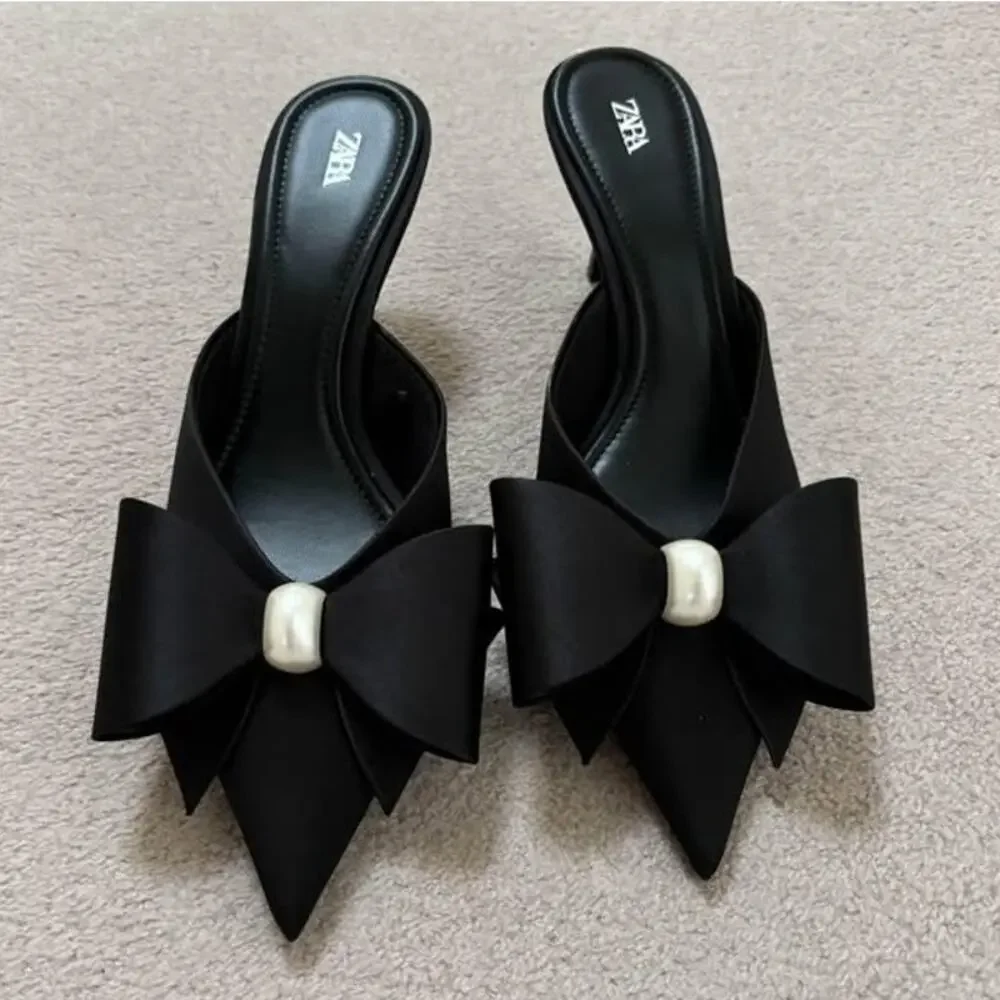 ZARA Black Satin Bow Pearl Slingback Heels NWT Pointed Toe Size 6.5