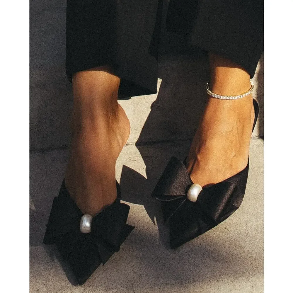 ZARA Black Satin Bow Pearl Slingback Heels NWT Pointed Toe Size 6.5