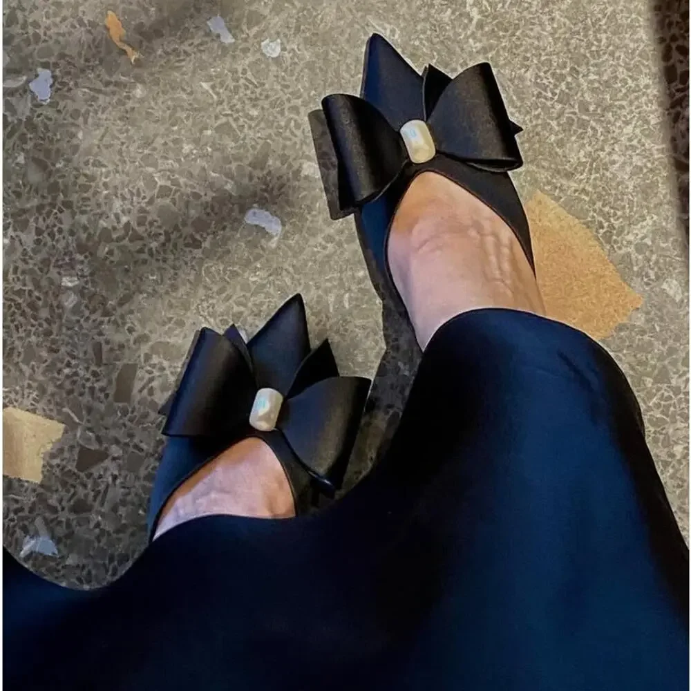ZARA Black Satin Bow Pearl Slingback Heels NWT Pointed Toe Size 6.5