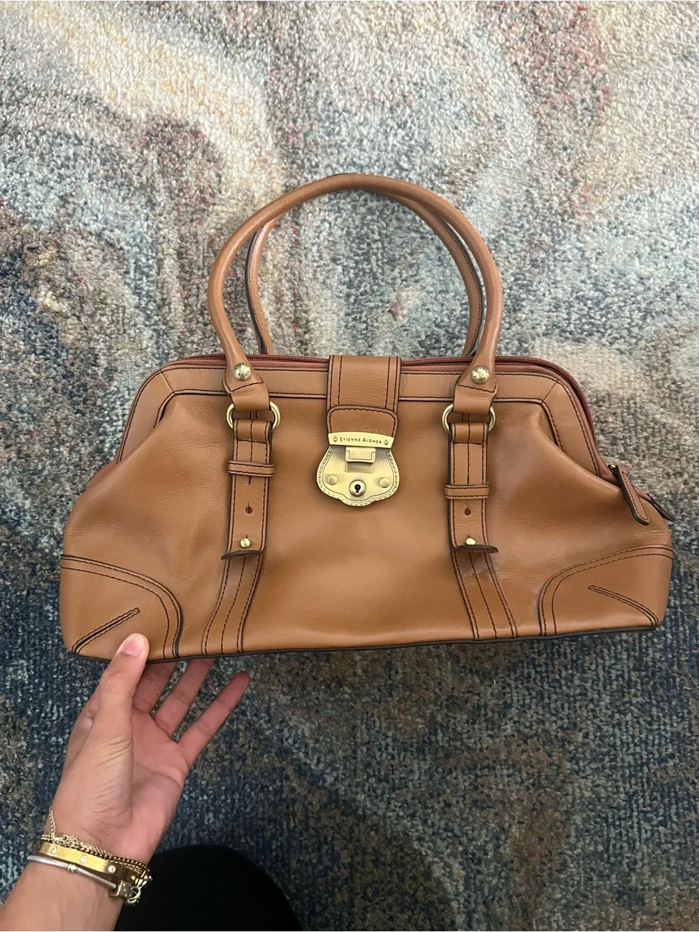 Etienne Aigner Tan Leather Satchel with Gold-Tone Lock