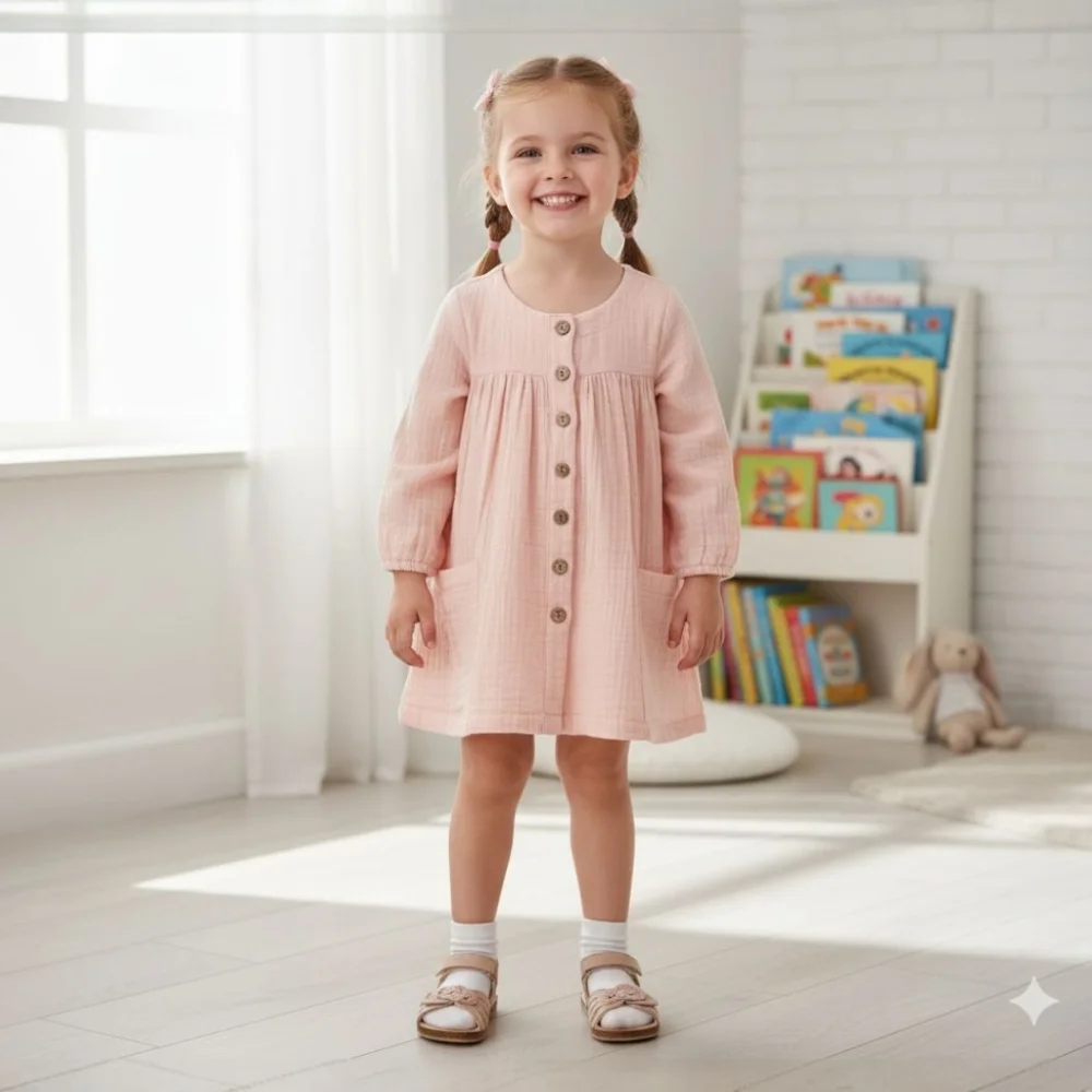 Toddler Girl Light Pink Button-Down Muslin Dress Long Sleeve Boho Cottagecore