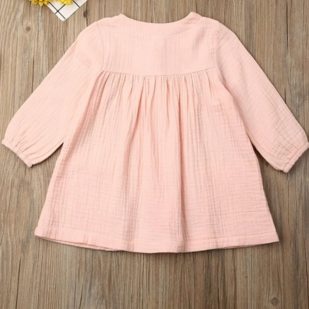 Toddler Girl Light Pink Button-Down Muslin Dress Long Sleeve Boho Cottagecore