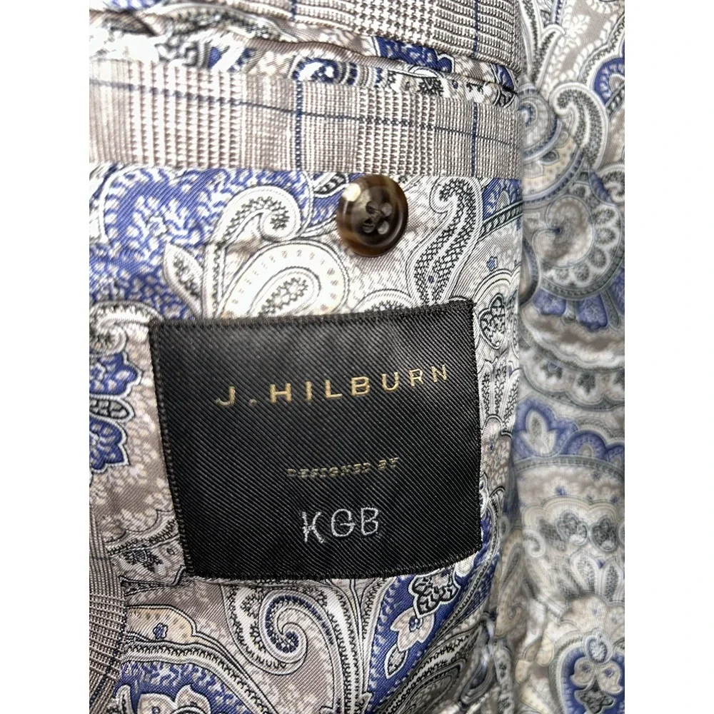 J Hilburn Sport Coat Mens Size 41rR Brown Plaid  Linen Hemp Two Button Blazer