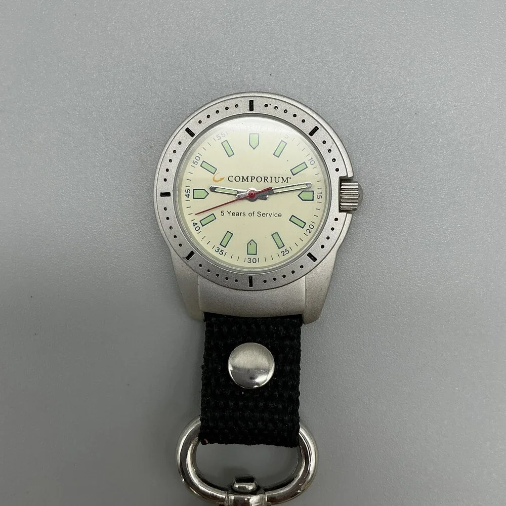 Comporium Key Ring Watch Mens 37mm Silver Tone Luminous Indexes New Battery