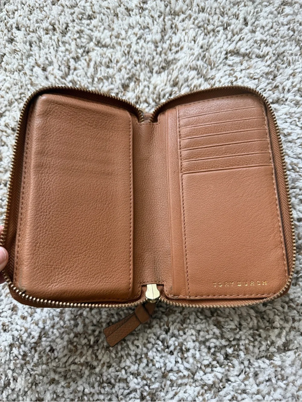 Tory Burch Leather Zip Card Case Wallet - Tan