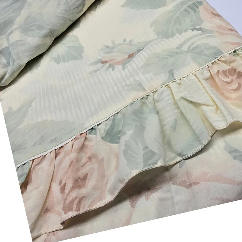 Vintage Martex Flat Sheet Twin Pillowcase Pink Floral Ruffle Cottagecore Rose