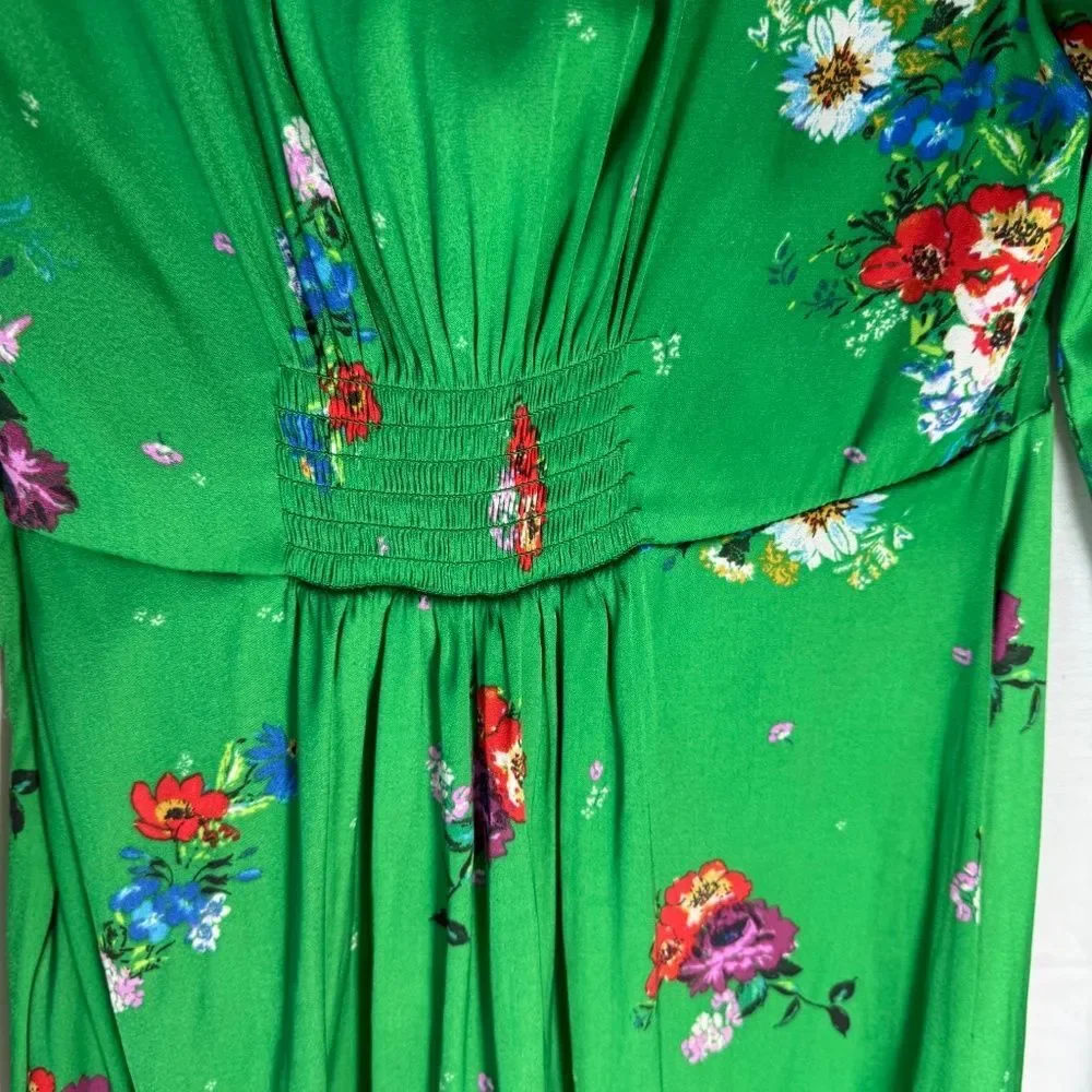 Free People Grass Green‎ Floral Bell Sleeve Deep V Neck Mini Dress Sz XS