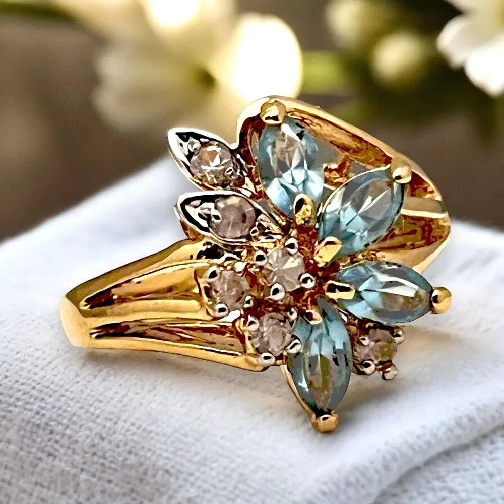 Vintage 1980s Uncas Crystal Cluster Ring Size 5 14KTGE Gold Plate - 14E