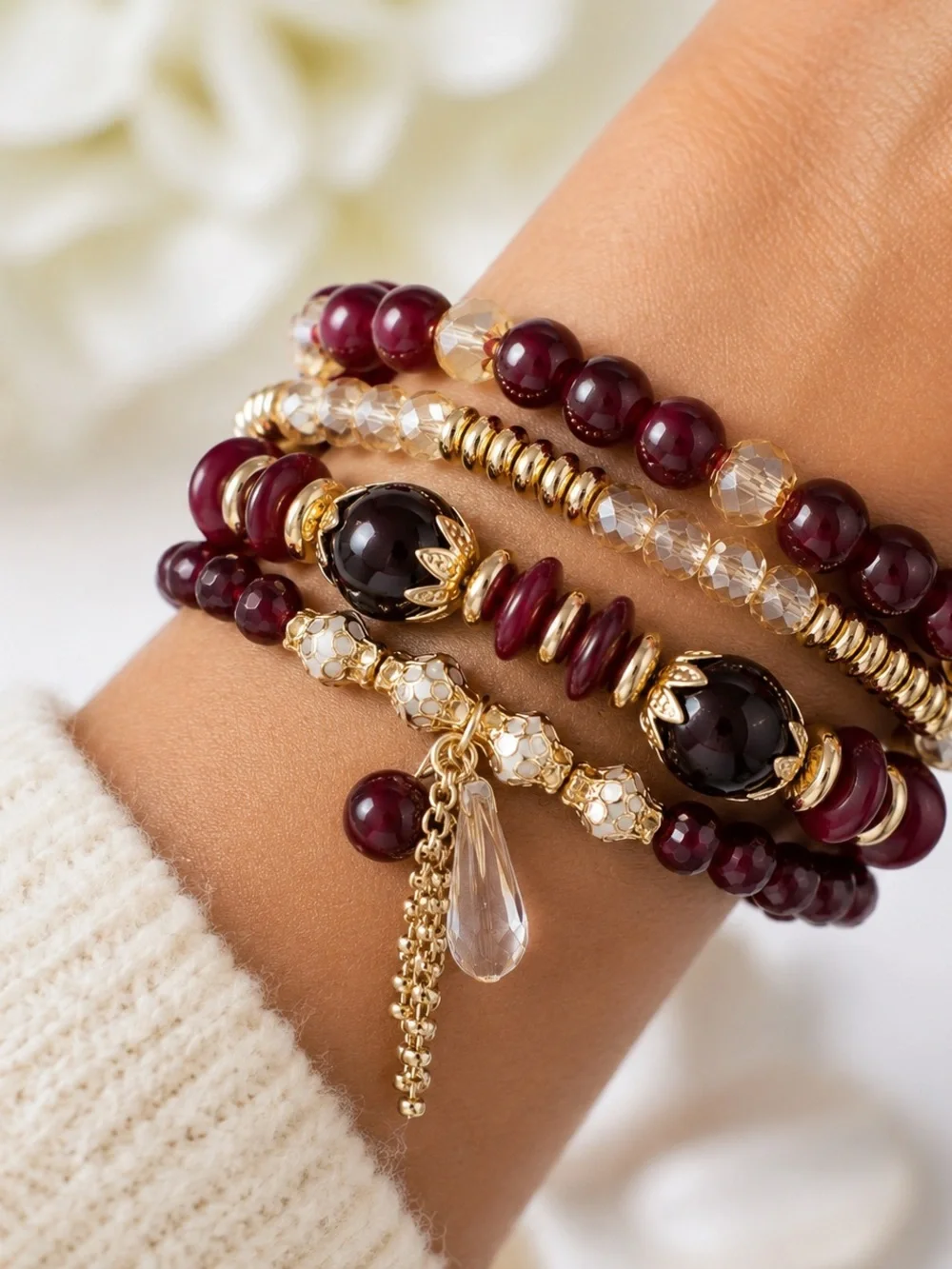 Burgundy Gold Beaded Bracelet Stack Crystal Charm Stretch Boho Layered Set NWT