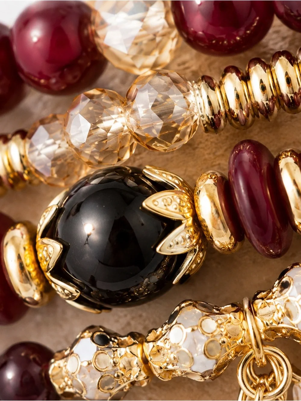 Burgundy Gold Beaded Bracelet Stack Crystal Charm Stretch Boho Layered Set NWT
