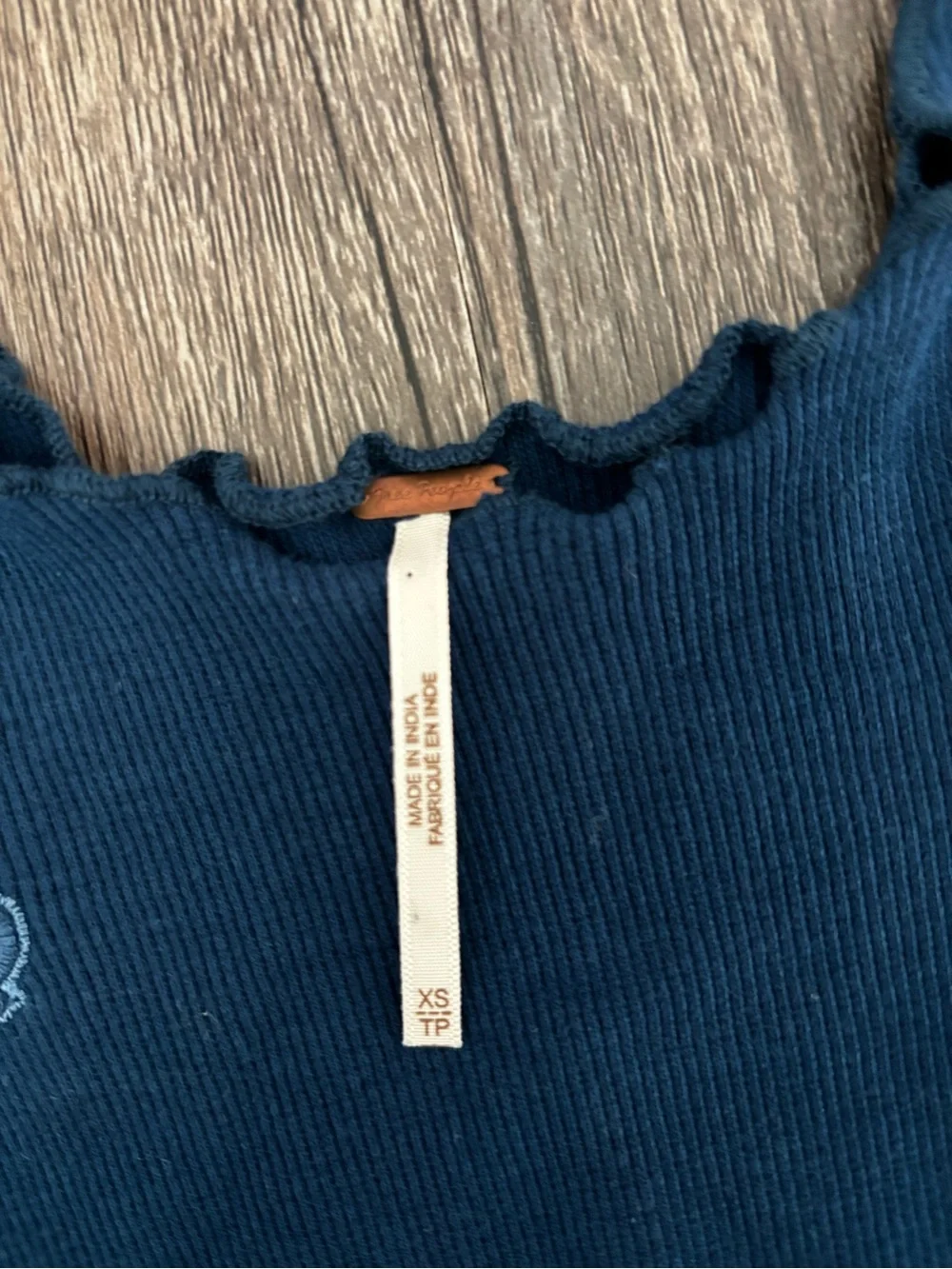 Free People Women’s Navy Long-Sleeve Top with Lace Shoulder Appliqué
