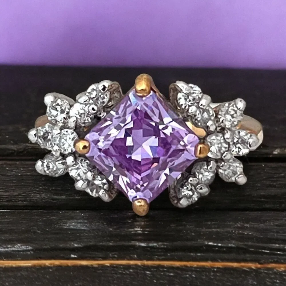 Vintage 1980s Lavender CZ Ring Size 9 Princess Cut 14KTGE Gold Plate - 14F