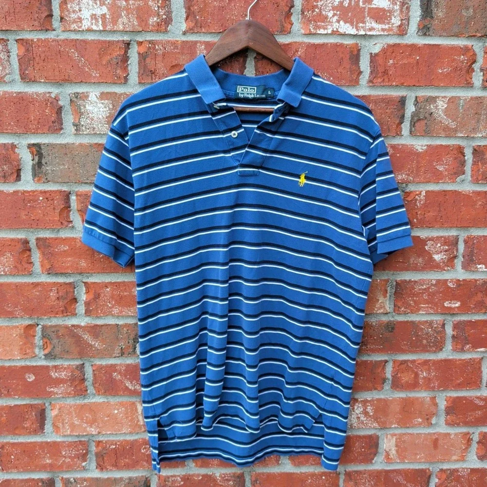 Polo Ralph Lauren Polo Shirt Mens Large Blue Striped Short Sleeve Cotton Pony