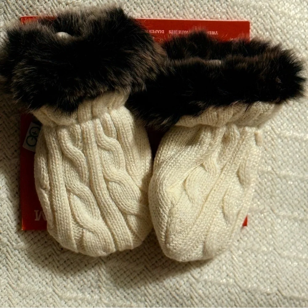 NWT Magnificent Baby Cream Mittens with Brown Fur Trim