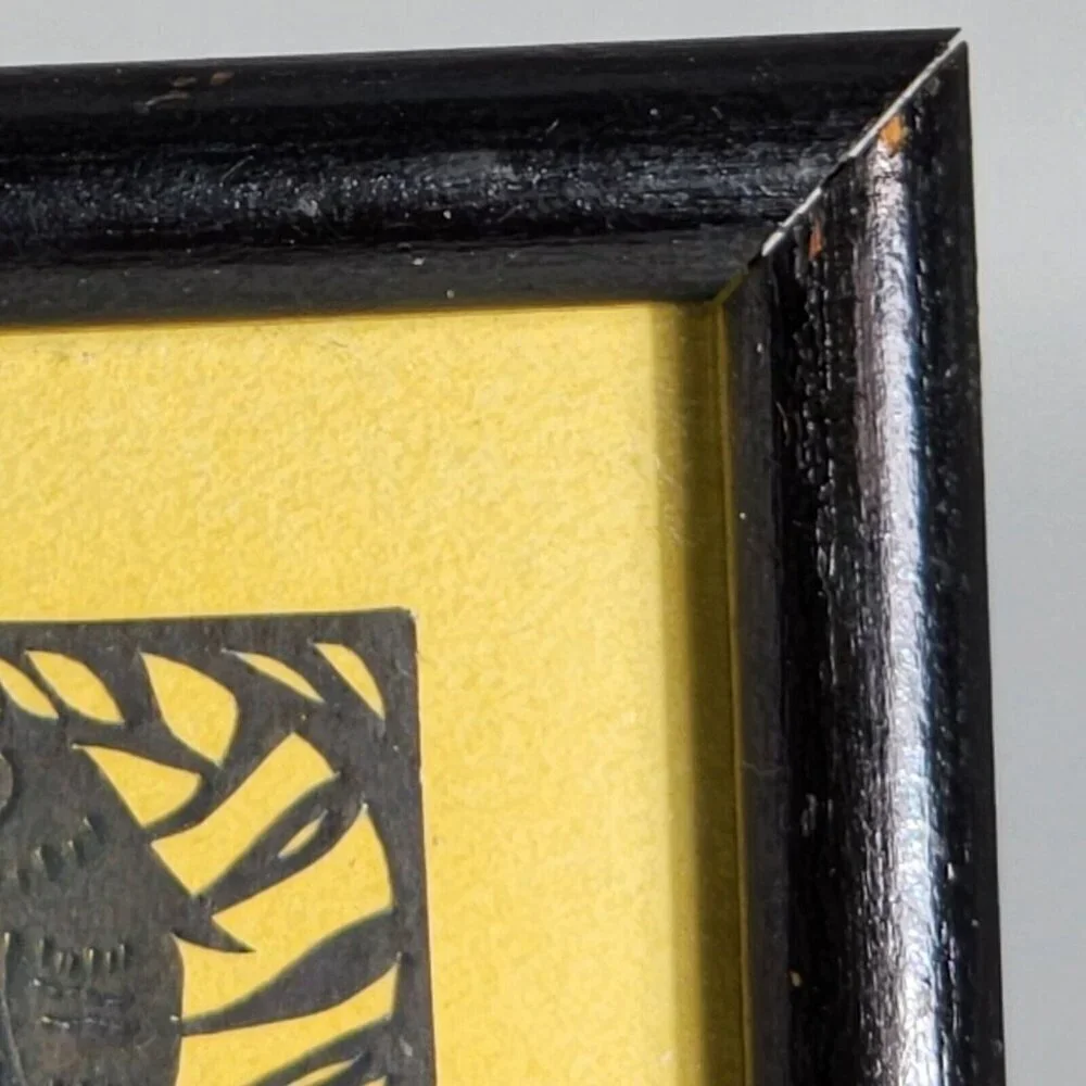 Vintage Framed Chinese Paper Cut Artwork Bridge Lotus Design Ornate Black Frame