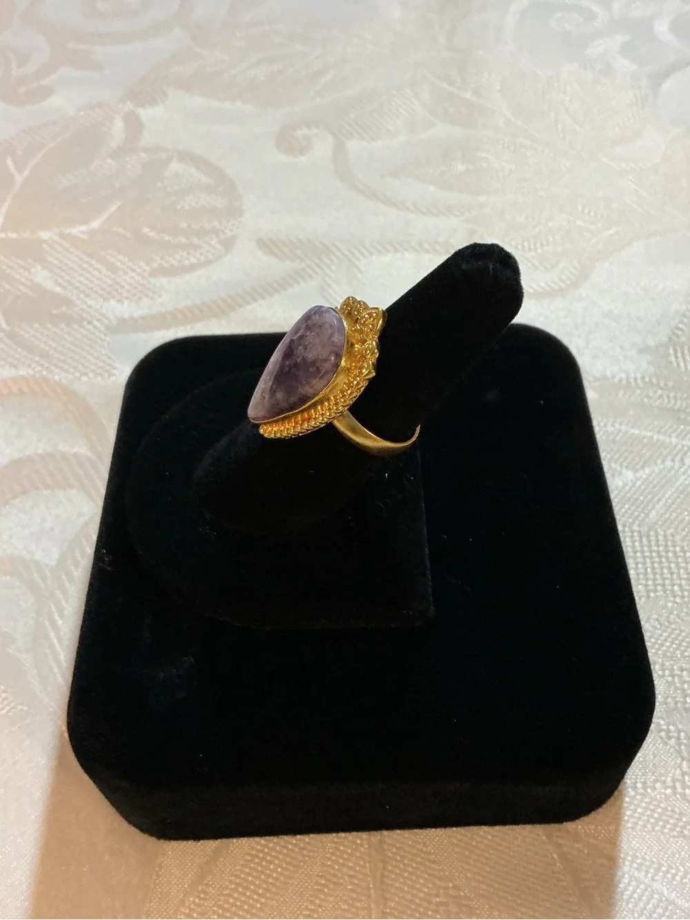 Chevron Amethyst Teardrop Crown Vintage Gold Plated Ring