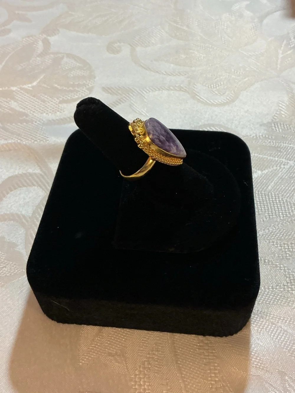 Chevron Amethyst Teardrop Crown Vintage Gold Plated Ring