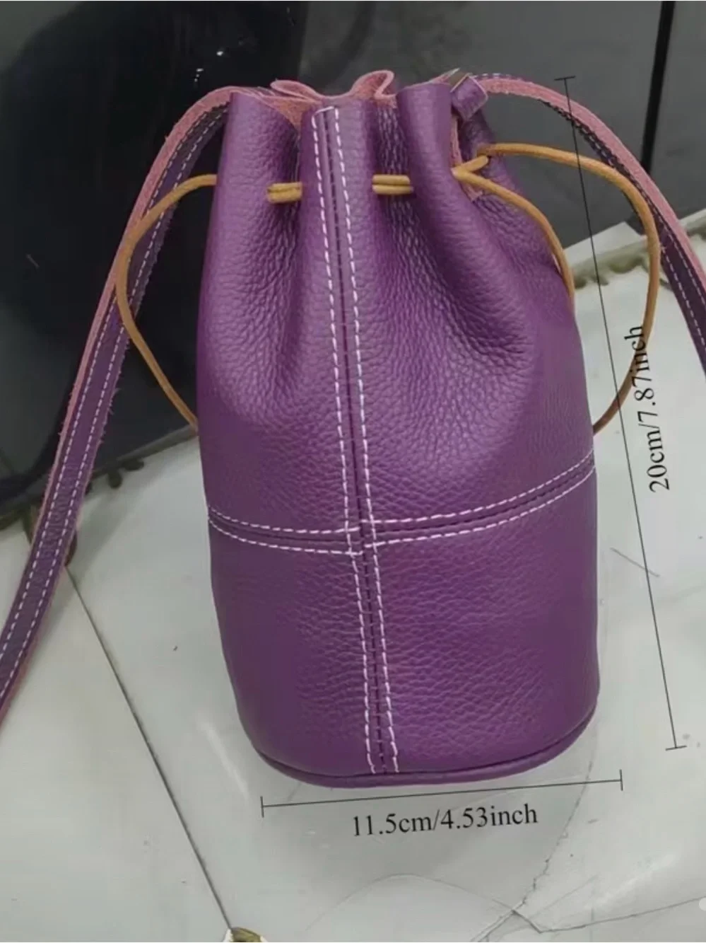 Genuine Leather Pink Drawstring Crossbody Bag