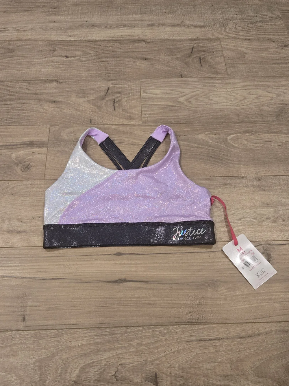 Justice Lavender and Silver Metallic Crisscross Sports Bra Size M (10) NWT
