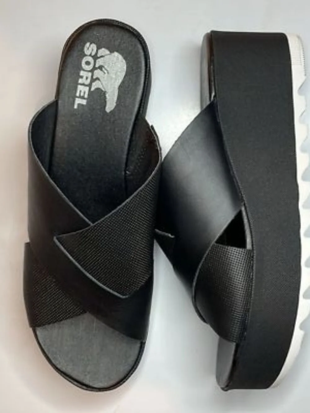 Sorel Cameron Leather Platform Slide Sandals Black Women's Size 7.5