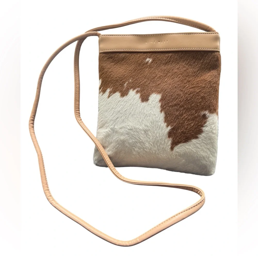 Nine West Calf Hair Leather & Nylon Crossbody Bag – 8” x 8.5” GUC Tan & Cream