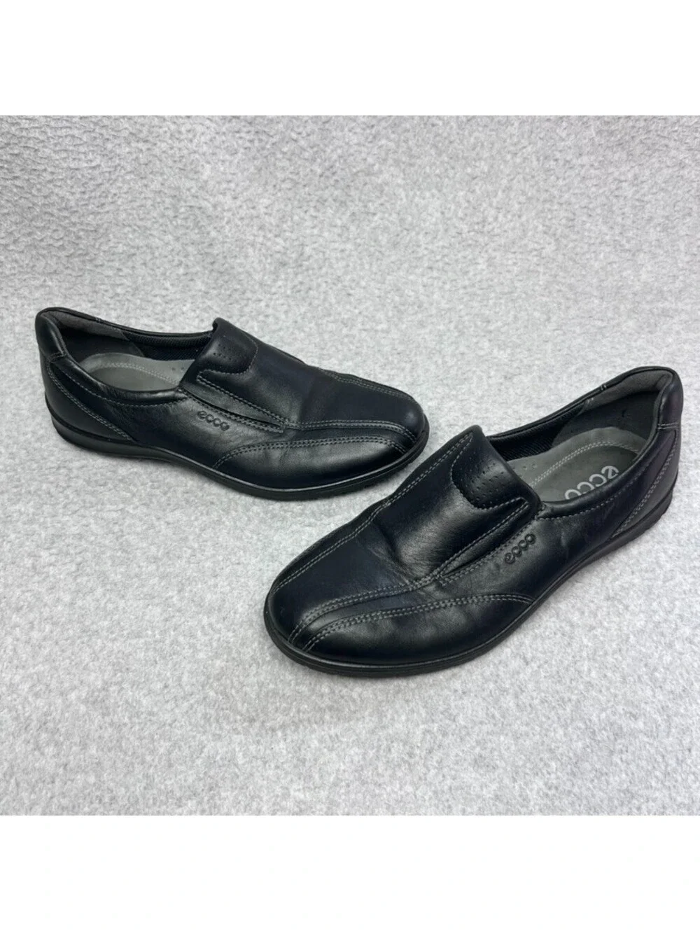 ECCO Womens 38 7 Black Leather Slip On Loafers Shoes Walking Comfort Shock Point