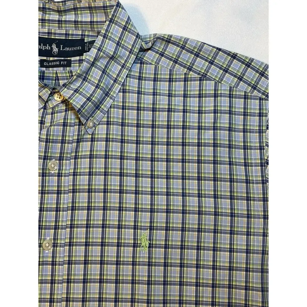 Ralph Lauren XL Classic Fit Madras 100% Cotton Plaid Shirt Blue Green Pony VTG