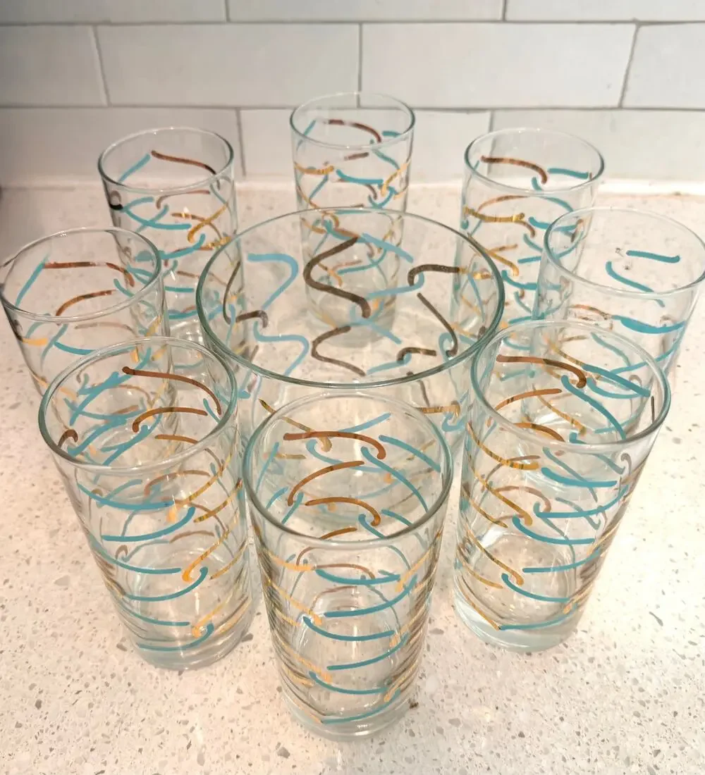 MCM Atomic Squiggle Tumbler Set 8 Ice Bucket Turquoise Gold Vintage Barware 9pc