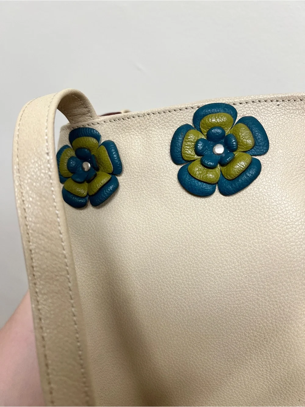 Beige Leather Tote with leather Blue Floral Appliqué