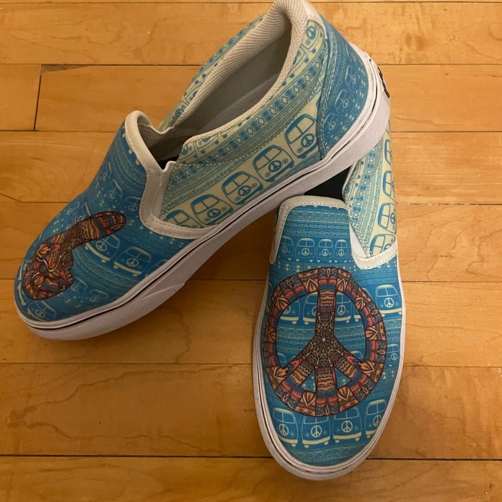 Yes We Vibe Turquoise Peace Sign & V Peace Slip-On Sneakers