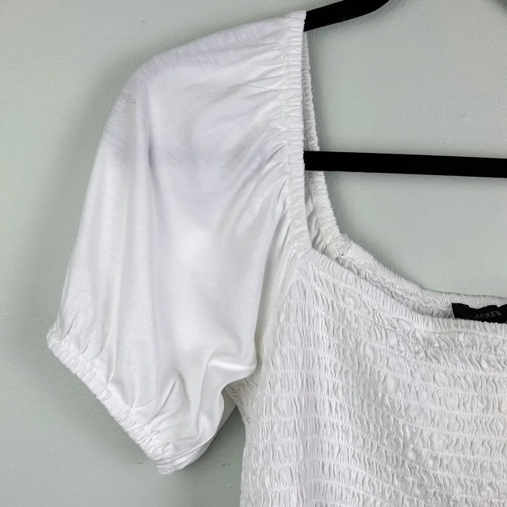 NWT J.CREW Smocked Broken-in Jersey Cropped Top Puff Sleeve Cotton Shirt White M