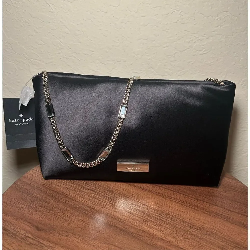 Kate Spade Anya Chain Strap Satin Shoulder Bag Black Gold Evening Glam Date NWT
