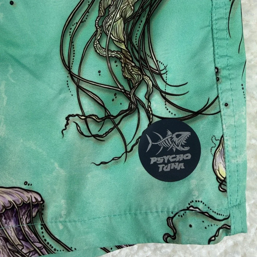 Psycho Tuna Swim Trunks Mens Med Green Jellyfish Print Board Shorts Drawstring