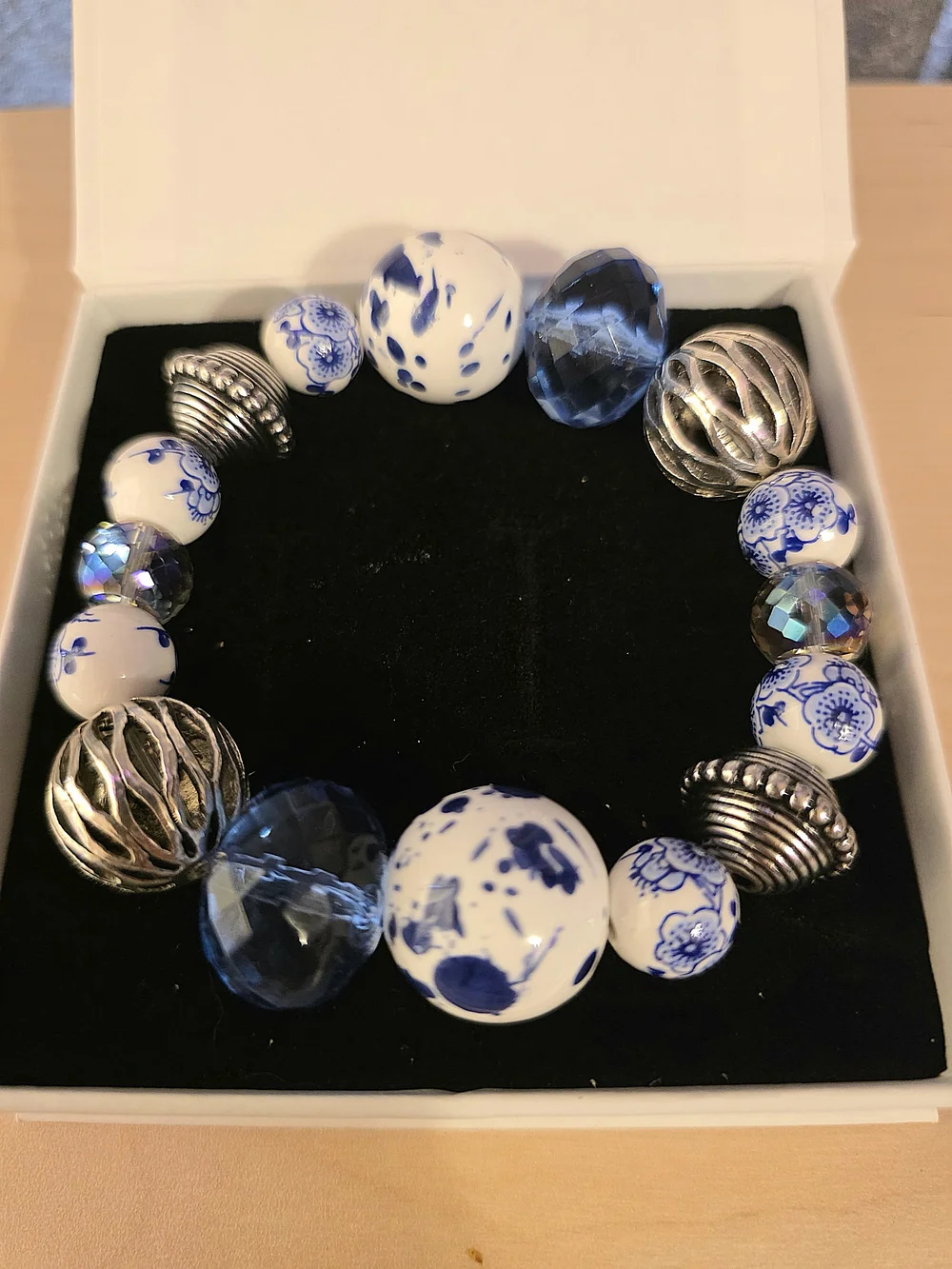Blue and White Ceramic Bead Stretch Bracelet with Silver Accents