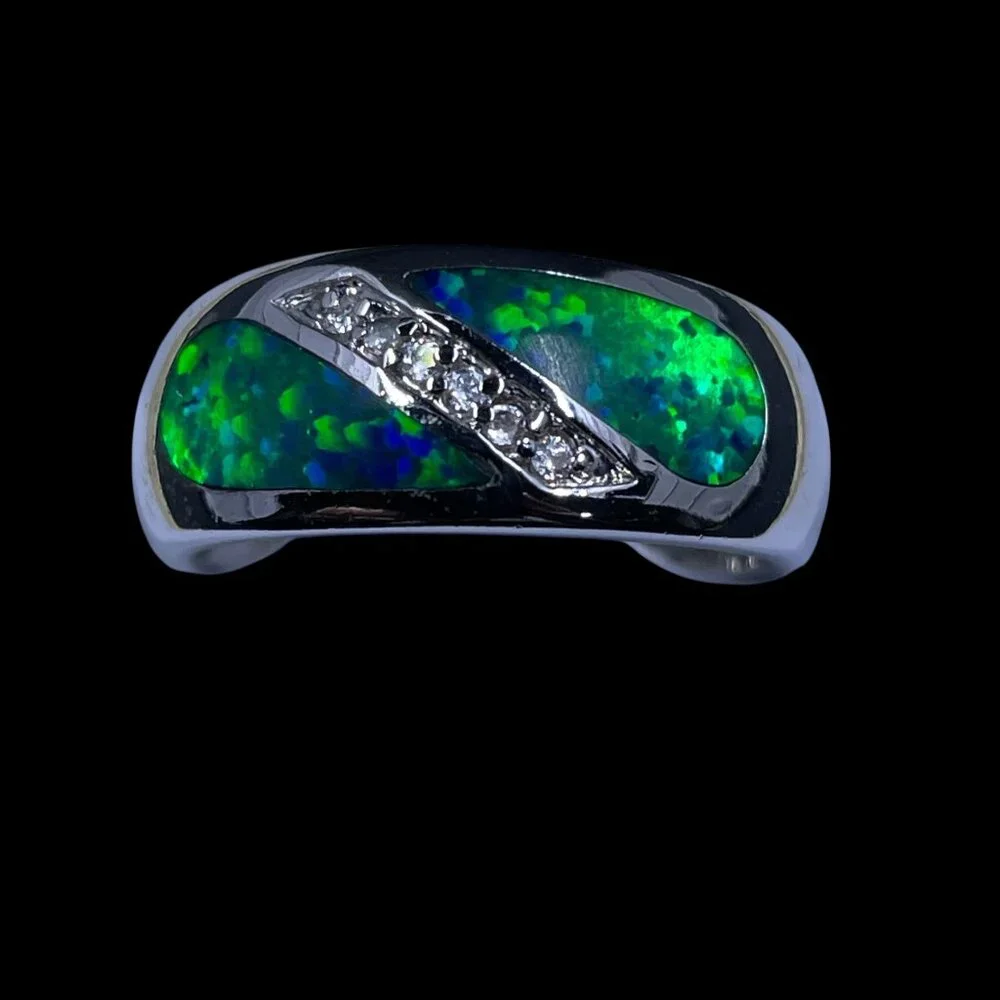 Lia Sophia Blue Green Inlay Ring Silver Tone Crystal Accent Modern Statement Chi