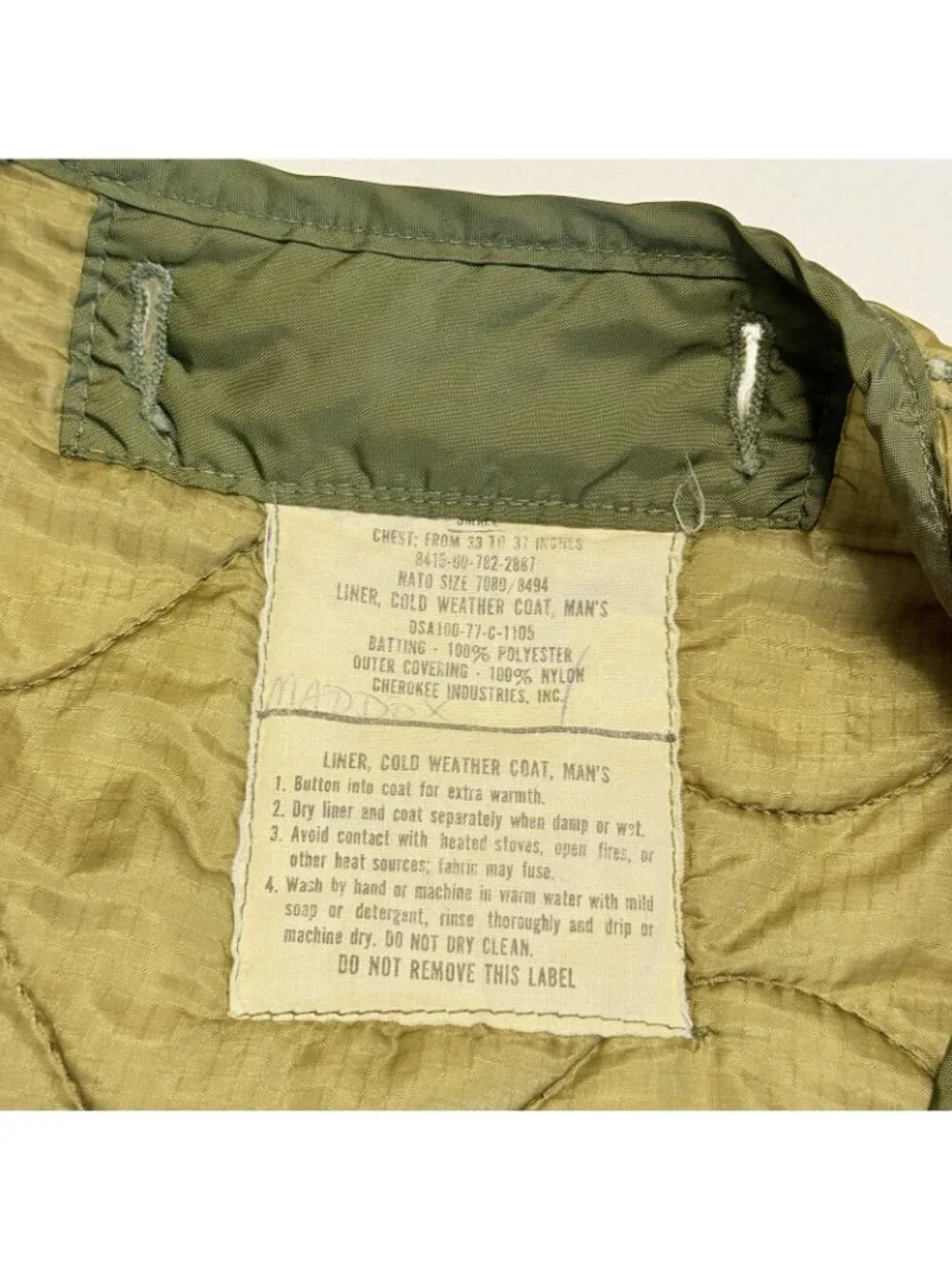 Vintage Military Liner Jacket Nylon Insulated Mens Small Green