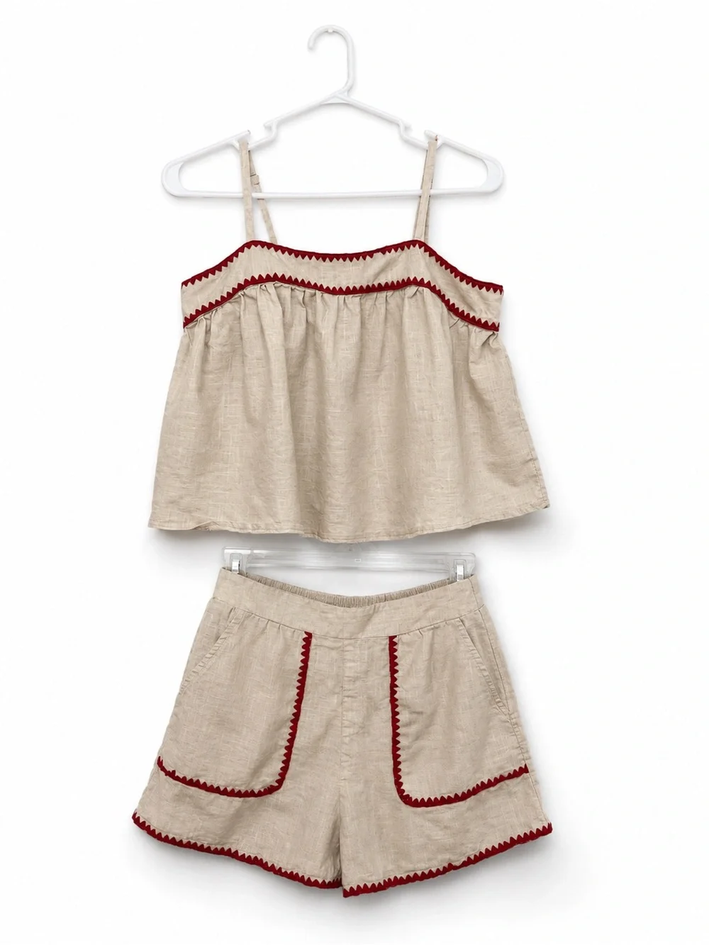 SHEIN Beige Two-Piece Linen Tank & Shorts Set with Red Trim