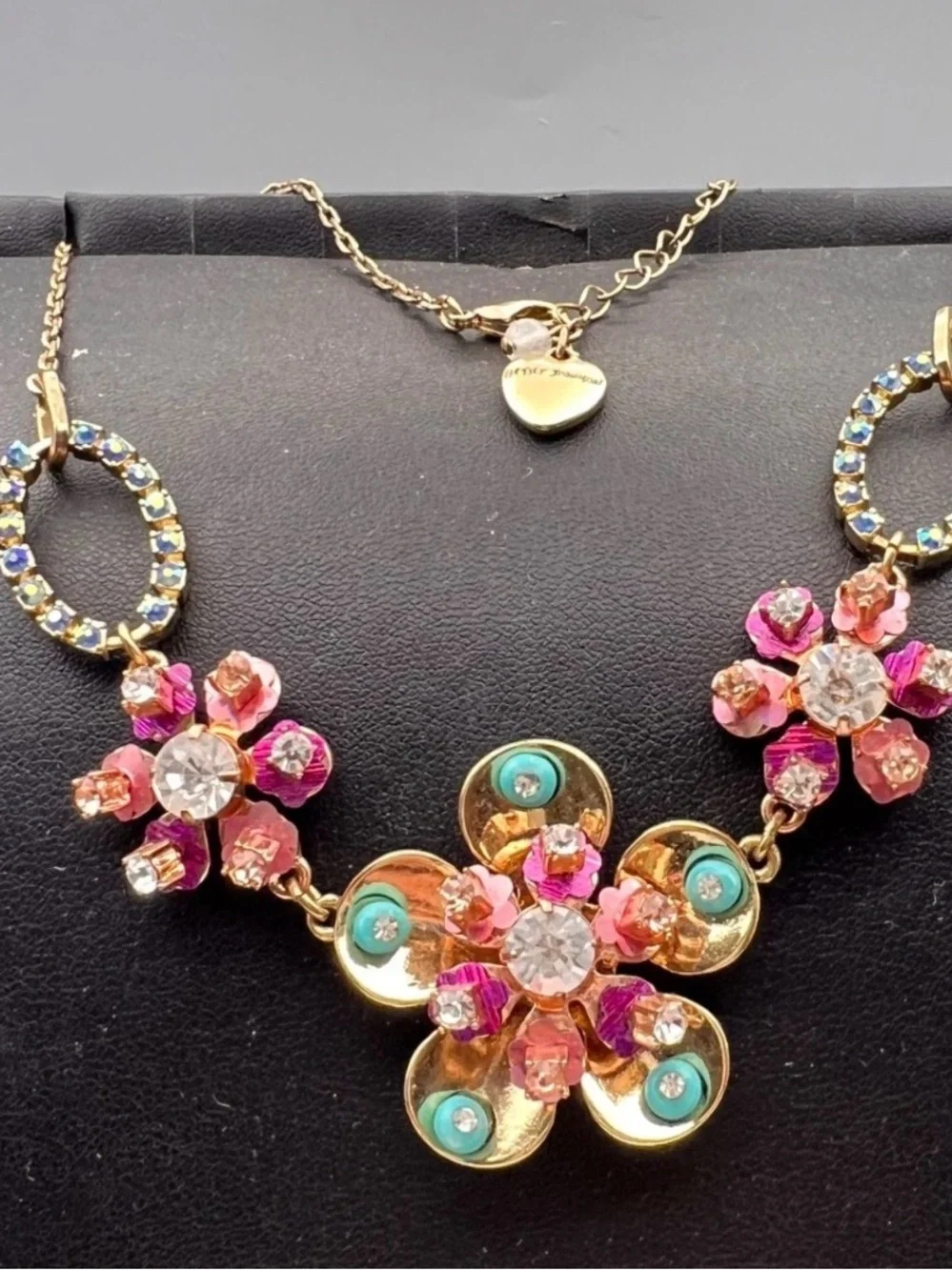 Betsey Johnson Boardwalk Sweet Flower Necklace Retired Pink Teal Rhinestone Aqua
